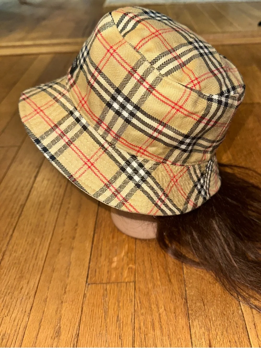 Burberry Beige Plaid Bucket Hat with Black & Red Accents